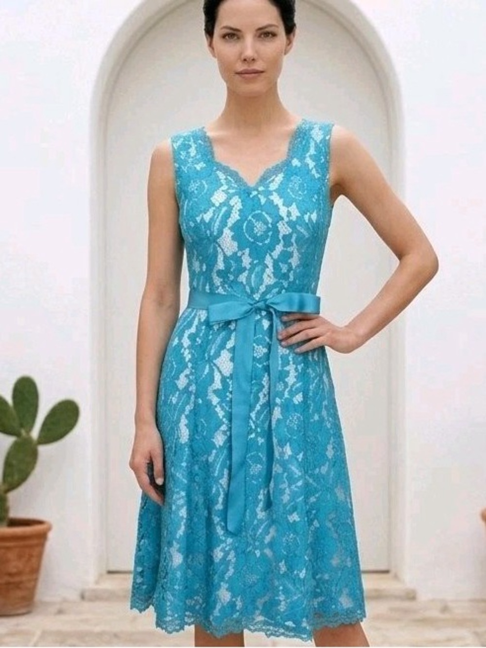 Jacques Vert V-Neck Turquoise Lace Midi Dress